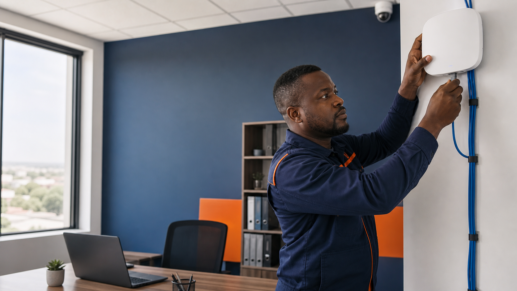 ICT technician installing a wireless network